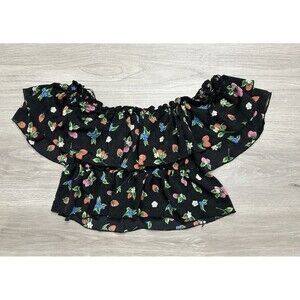 ZARA Ruffled Cropped black top concert festival  Flowers & Strawberries XS